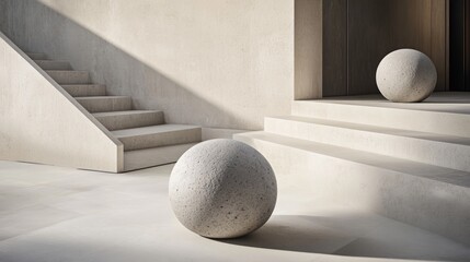 Concrete spheres on stairs, minimalist building, sunlight, architectural rendering