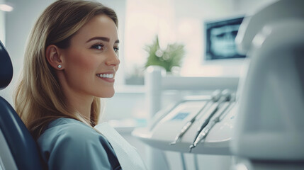 Relaxed young woman at dental appointment enjoying the experience in a modern clinic setting. National Dentist Day. Greeting for the dentist. With copy space