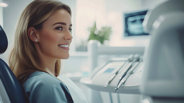 Relaxed young woman at dental appointment enjoying the experience in a modern clinic setting. National Dentist Day. Greeting for the dentist. With copy space