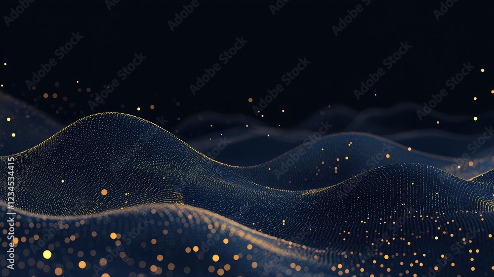 Poster abstract wave patterns in dark space with glowing particles and a sense of depth for use in technolo
