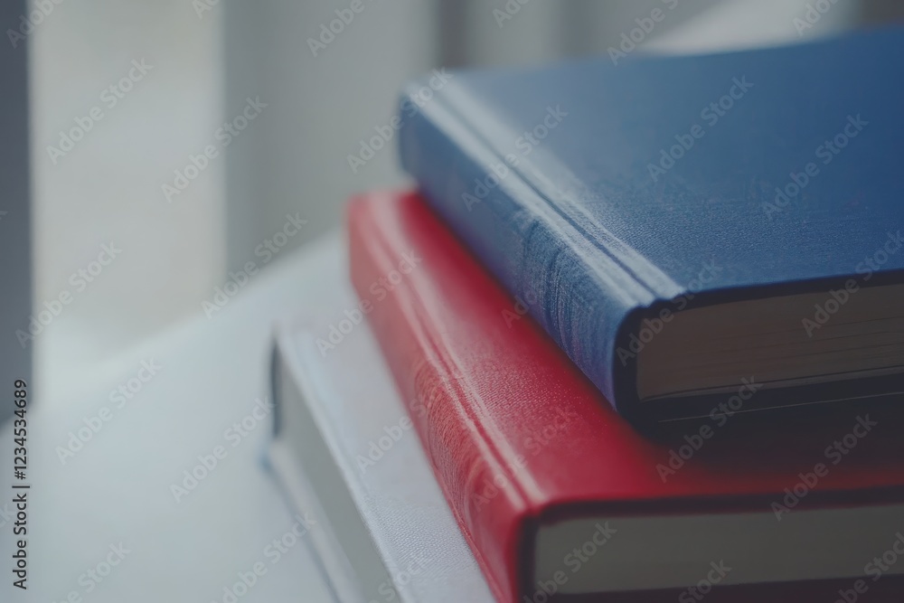 Poster stacked colorful books with soft lighting on a table surface