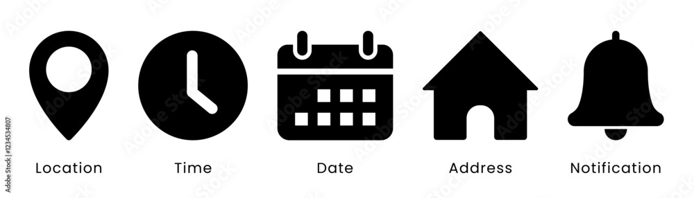 Poster time, date, and address icon set. event calendar reminder clock business schedule signs, location pi