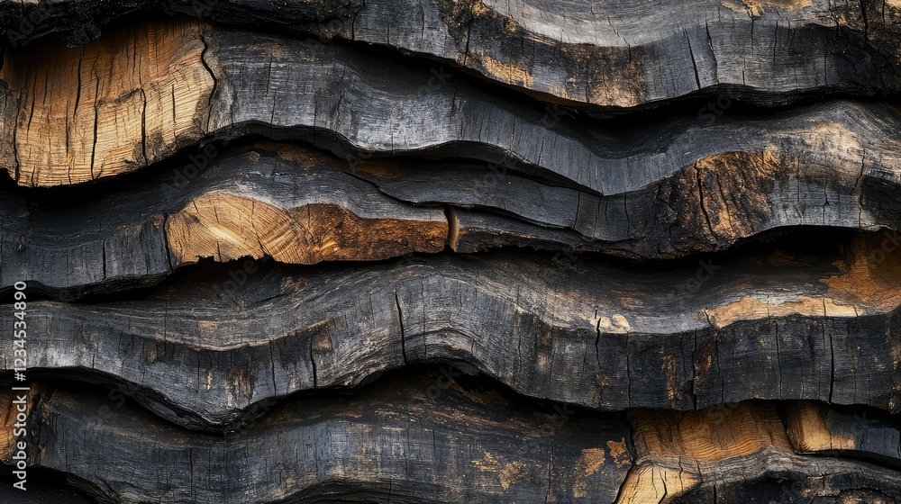 Poster textured layers of charred wood displaying unique grain patterns and rich contrast between dark and 