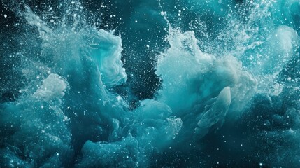 Fototapeta premium Teal water splash collision, dark background, abstract art, design element