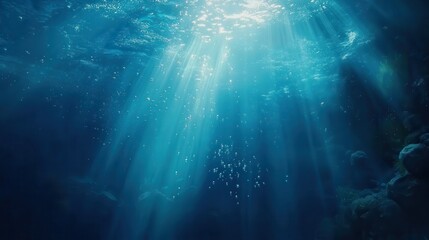 Close-up of bubbles rising toward the surface, with sunlight streaming through the water, creating soft beams of light in the deep blue.