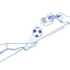 Figital football, real and virtual soccer, ball and gamer hands