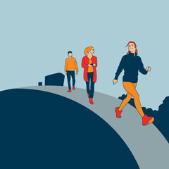 People walking along the road, discovery and race walk