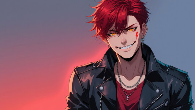 Fiery Anime Rebel with Crimson Hair & Golden Eyes