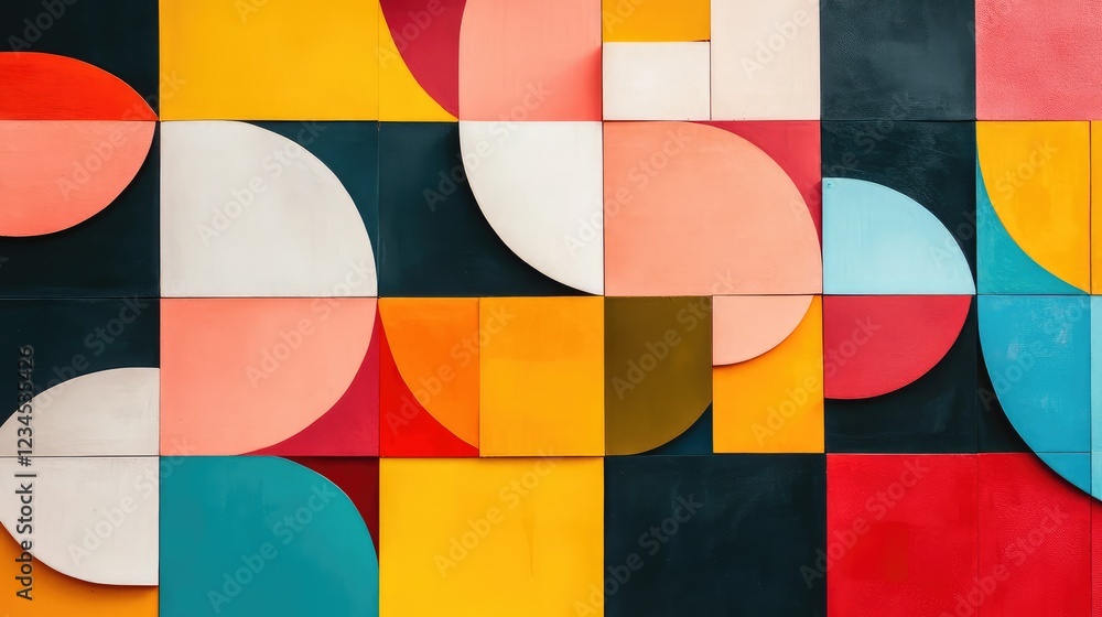 Poster abstract geometric wall art with vibrant colors and dynamic shapes featuring circles, squares, and c