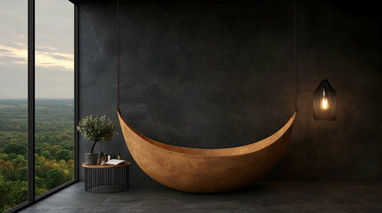 Luxurious crescent bathtub overlooking forest