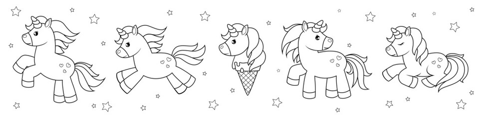 Cute cartoon unicorns with developing manes and tails. Black  and white illustration for coloring book