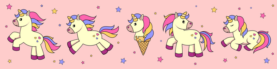 Cute cartoon unicorns with rainbow manes and tails on a pastel pink background. The playful design is bright and whimsical, perfect for children's themes or festive decor