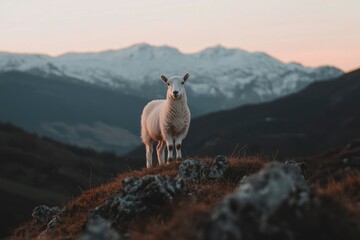 A lone sheep stands on a mountaintop at sunset