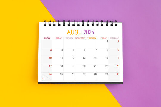 August 2025 Monthly desk calendar for 2025 year on yellow and purple.