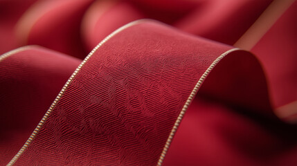 Elegant red satin ribbon with gold edges flowing in soft curves