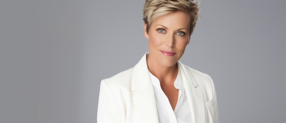 A poised woman in a white blazer exudes confidence and professionalism against a minimalist gray backdrop.