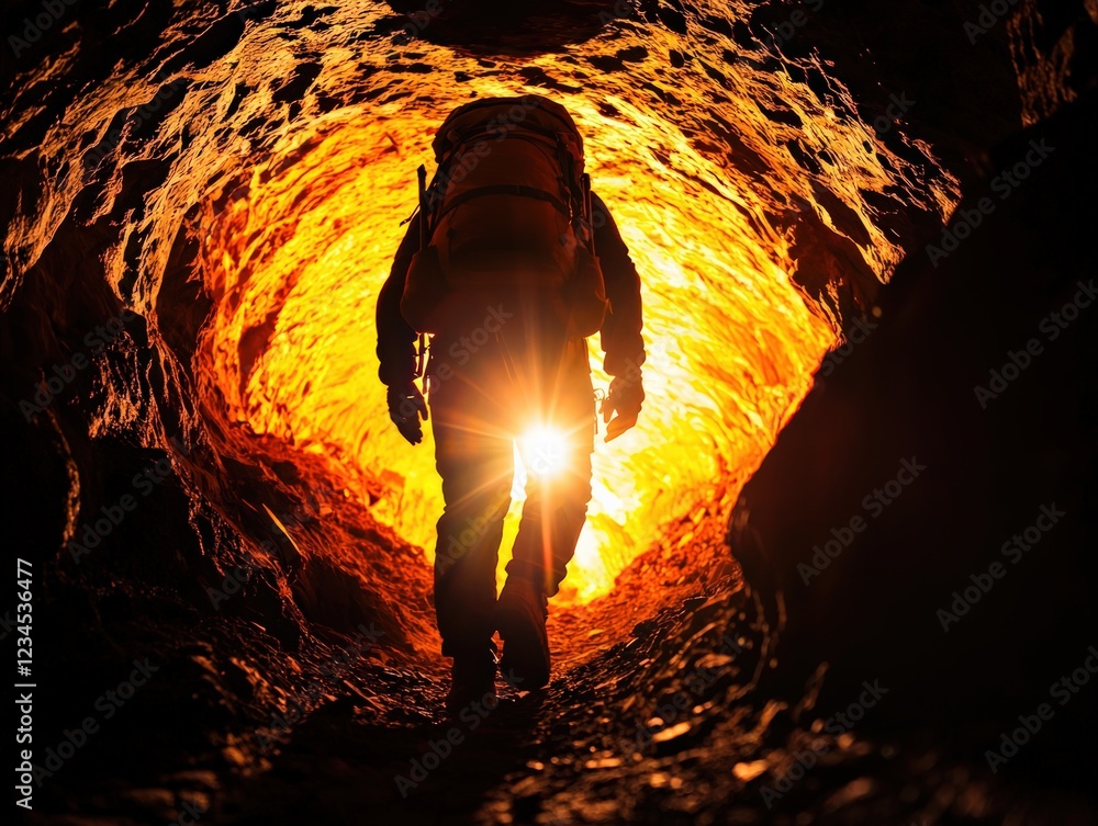 Poster adventurer exploring mysterious cave tunnel with glowing light at the end