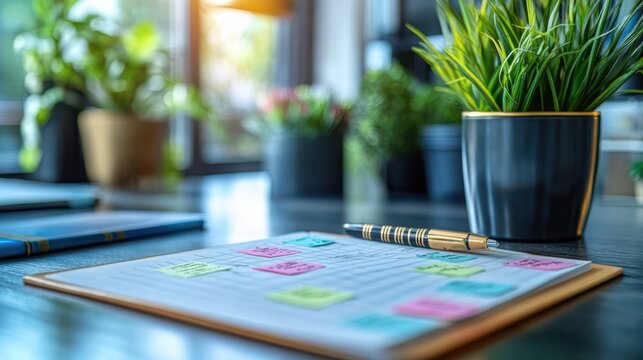 A neat planner adorned with vibrant sticky notes and a sleek pen, organized on a desk amid lush greenery.