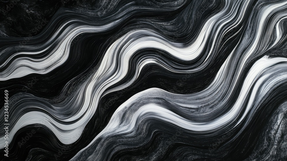 Poster abstract monochrome texture of wavy lines in black and white, creating a fluid and dynamic visual ae
