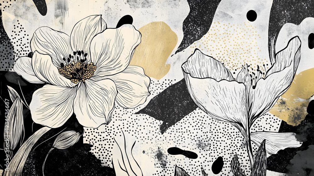 Poster captivating floral abstract with delicate monochrome blooms and textures this modern minimalistic de