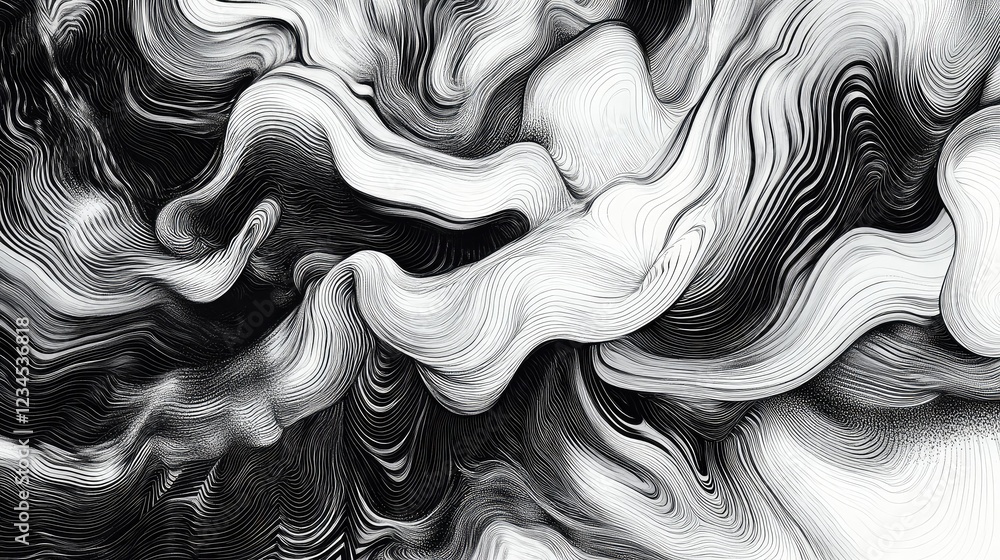 Poster abstract black and white flowing lines create dynamic patterns in fluid motion, evoking movement and