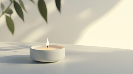 A lit candle on a table, casting a soft glow with leafy plant shadows on wall