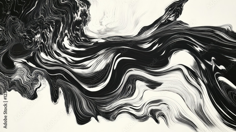 Poster abstract black and white fluid art with intricate swirls and waves, creating a mesmerizing visual of