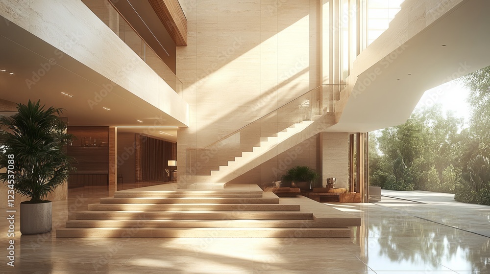 Poster elegant large white staircase leading to an open space illuminated by natural light creating a brigh