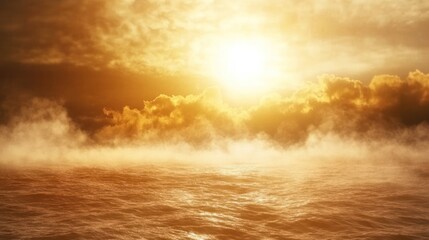 Golden sunset over misty ocean, dramatic clouds, atmospheric background