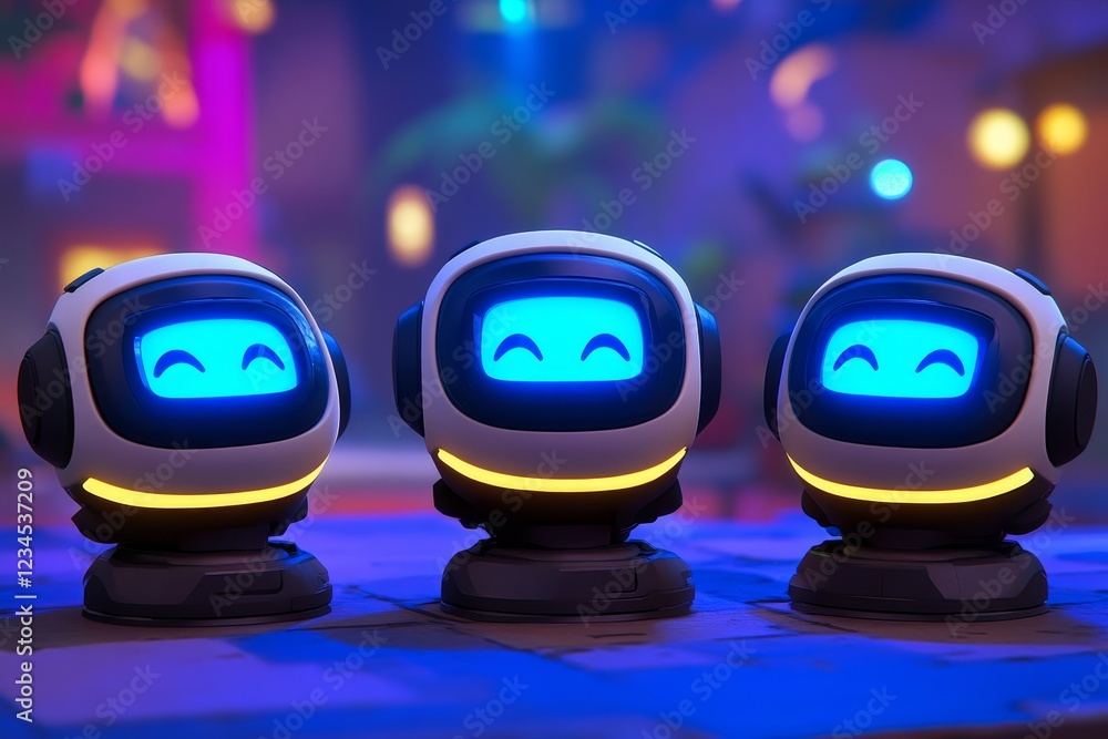Poster three cute robots with smiling faces in a colorful background