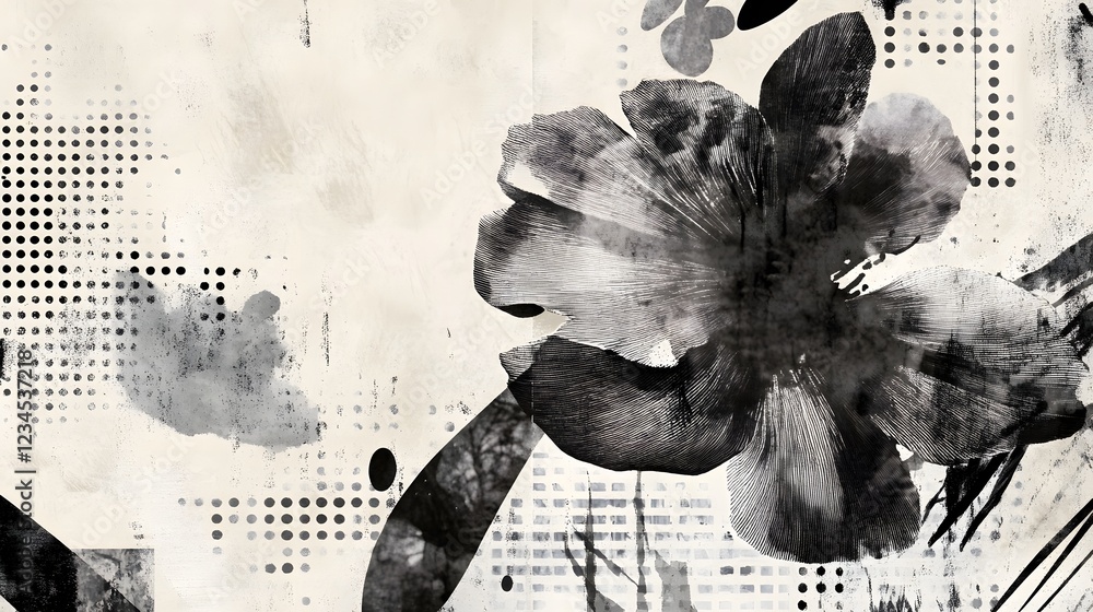 Poster Captivating monochrome abstract art composition featuring fluid expressive brushstrokes and dynamic blots of ink or paint  The visually striking image creates a moody