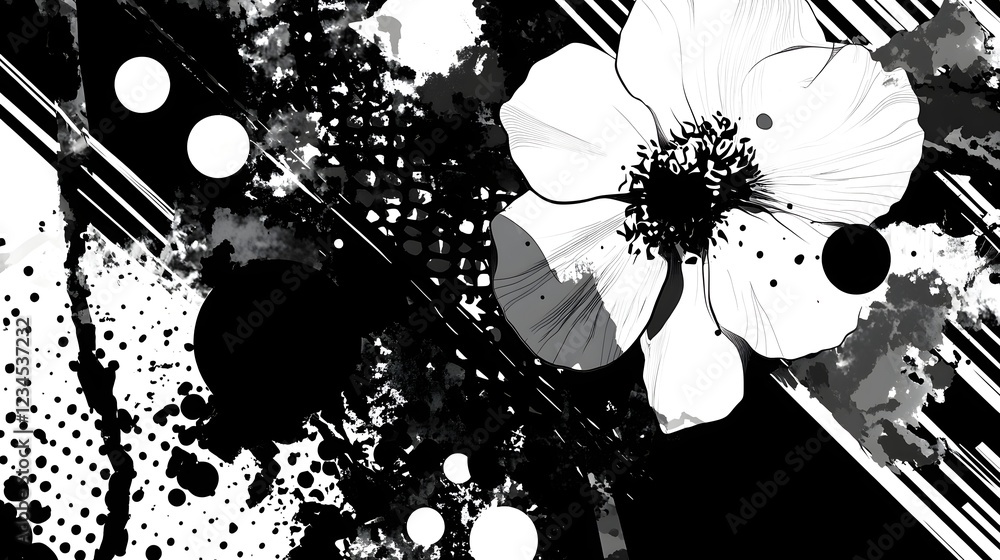 Poster Captivating monochrome abstract composition featuring a delicate floral motif with dynamic splashes of ink overlapping shapes and intricate textural patterns