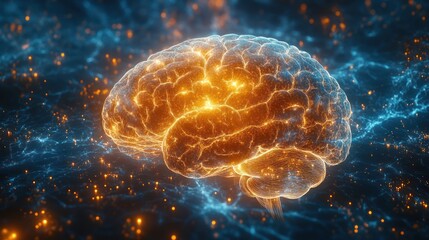 3D Brain, Abstract Neural Network,  Synaptic Activity,  Medical Illustration