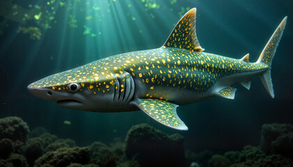 Fototapeta premium Shimmering shark gliding through glowing underwater forest, mystical depths