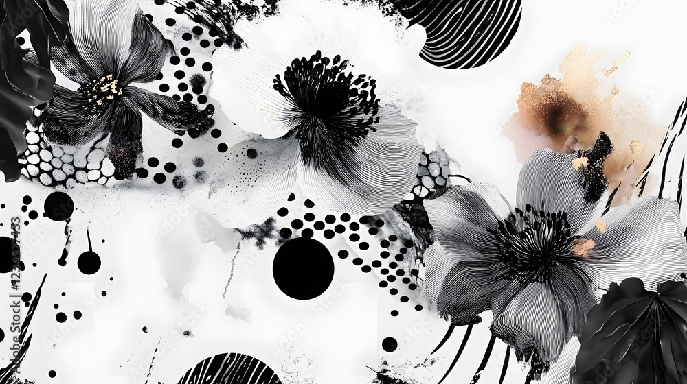 Poster Captivating monochrome floral abstract with dynamic splatter and polka dot patterns creating a striking modern and visually stunning conceptual artwork