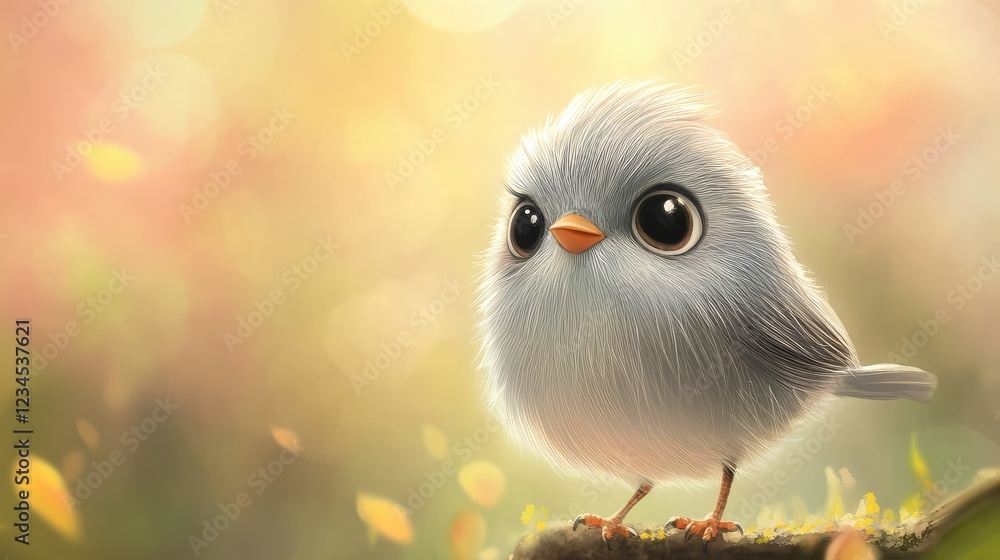 Poster cute fluffy bird standing on a branch surrounded by a mystical soft-focus background with warm color