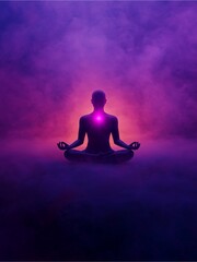 A silhouetted figure meditates in a colorful, mystical atmosphere filled with purple and blue hues, radiating a sense of tranquility and spiritual energy.