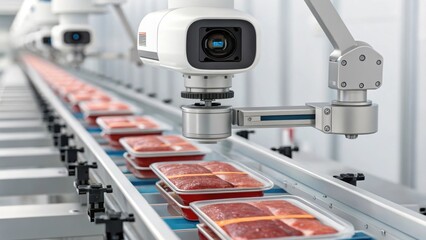 Automated robotic arm with camera inspecting packaged meat products moving along conveyor belt in modern food processing facility, ensuring quality and safety standards