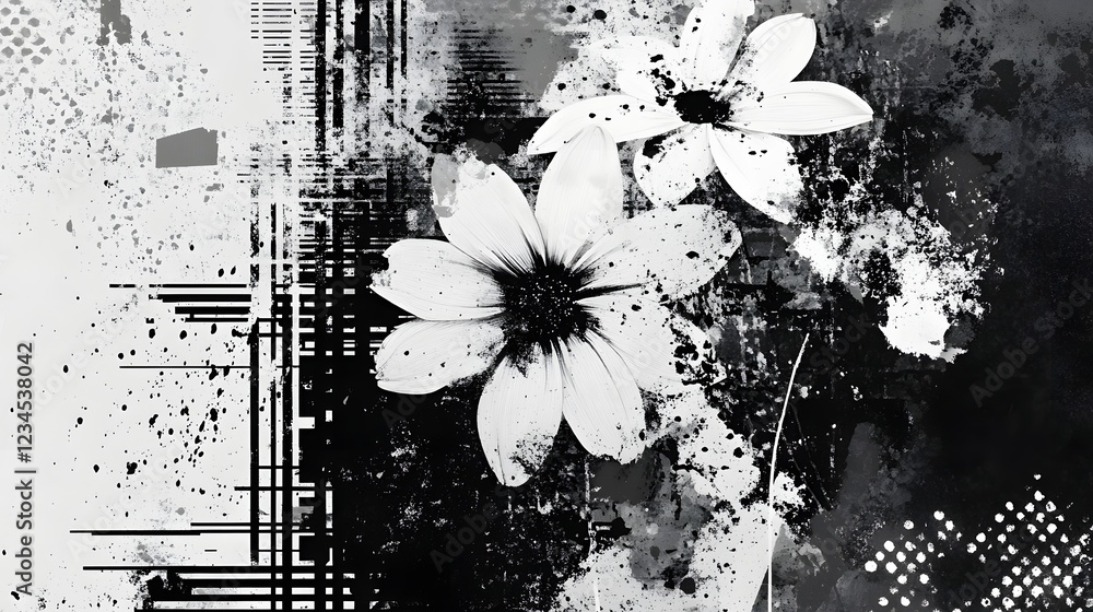 Poster captivating monochrome floral abstract with textured paint splashes geometric overlays and a minimal