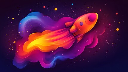 A vibrant rocket launches into a cosmic expanse amidst colorful nebulae and stardust
