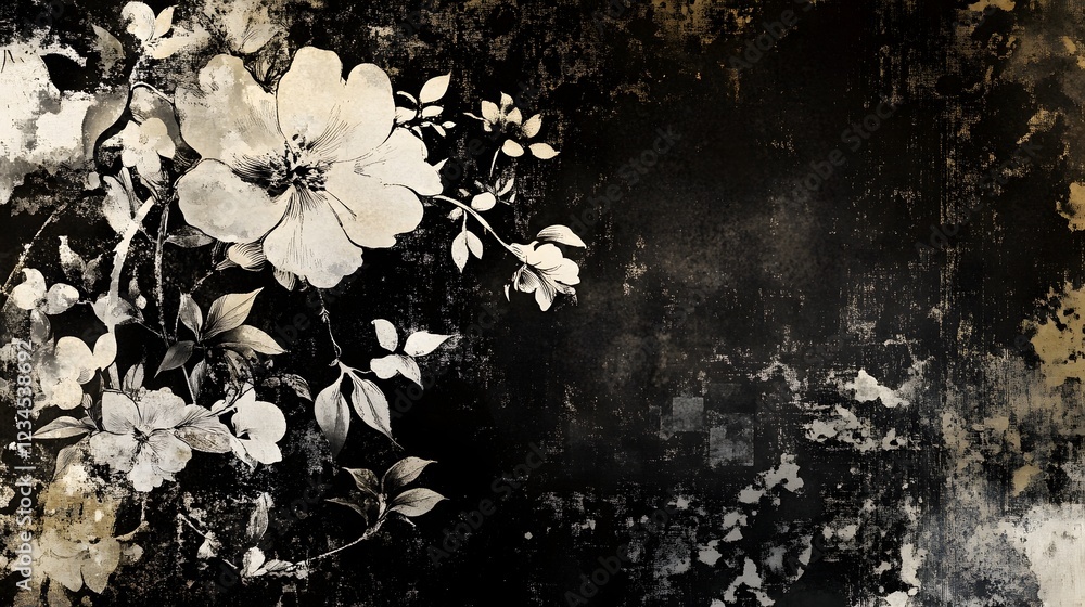 Poster captivating monochrome floral composition with delicate blooms and petals set against a grungy textu