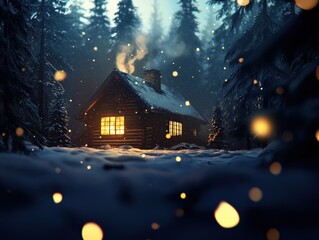 Fototapeta premium Cozy Cabin in a Winter Forest with Warm Lights Glowing from Windows and Smoke Rising