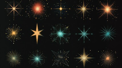 Naklejka premium Vibrant Collection of Retro Cosmic Starburst Designs in Various Shapes and Colors for Backgrounds, Patterns, and Creative Projects