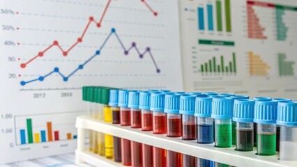 Colorful liquids inside test tubes are displayed on a rack in front of research graphs, representing advancements in food printing technology and analysis of food properties