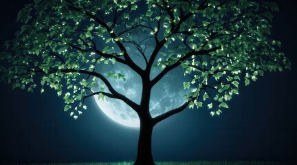 Obraz premium Glowing Green Tree Silhouette Against a Full Moon at Night