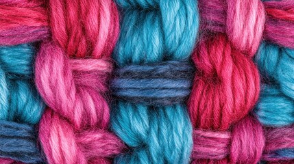 Woven textile close-up; vibrant pink, blue threads; textured background; craft, fashion design