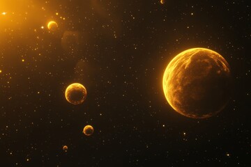 Vibrant Cosmic Landscape with Golden Planets and Distant Stars