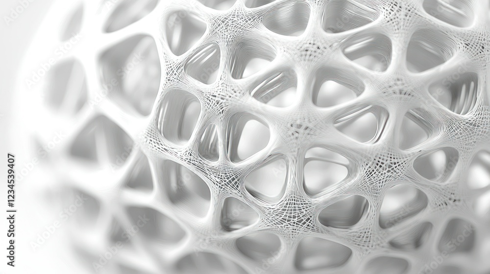 Poster white sphere with lattice structure on bright background, closeup detail view