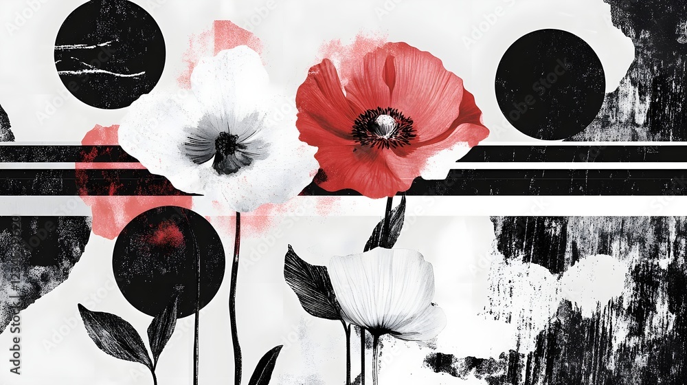 Poster closeup of beautiful vibrant red and white floral blooms in an arrangement with minimalist design an