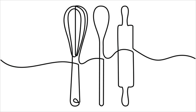 recommend clip art: Whisk and rolling pin kitchen utensils  continuous one line drawing. Hand drawn linear cooking icon